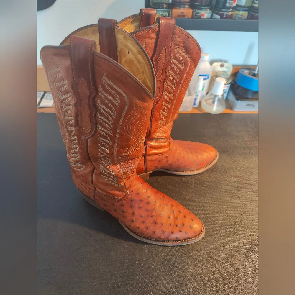 Tony Lama Men's Full Quilted Ostrich Cowboy Boots 9.5D Brown/Orange Color - Picture 5 of 7